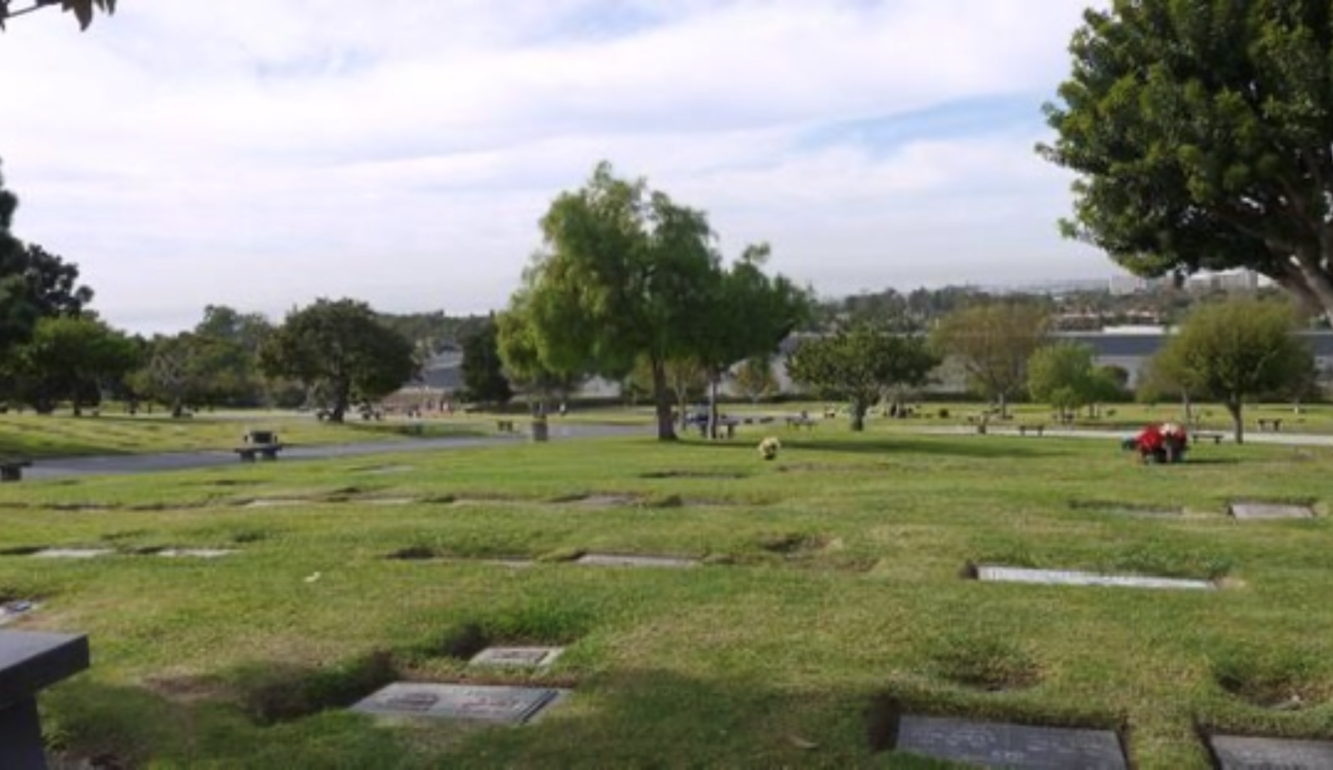 A cemetery with many graves in the grass.