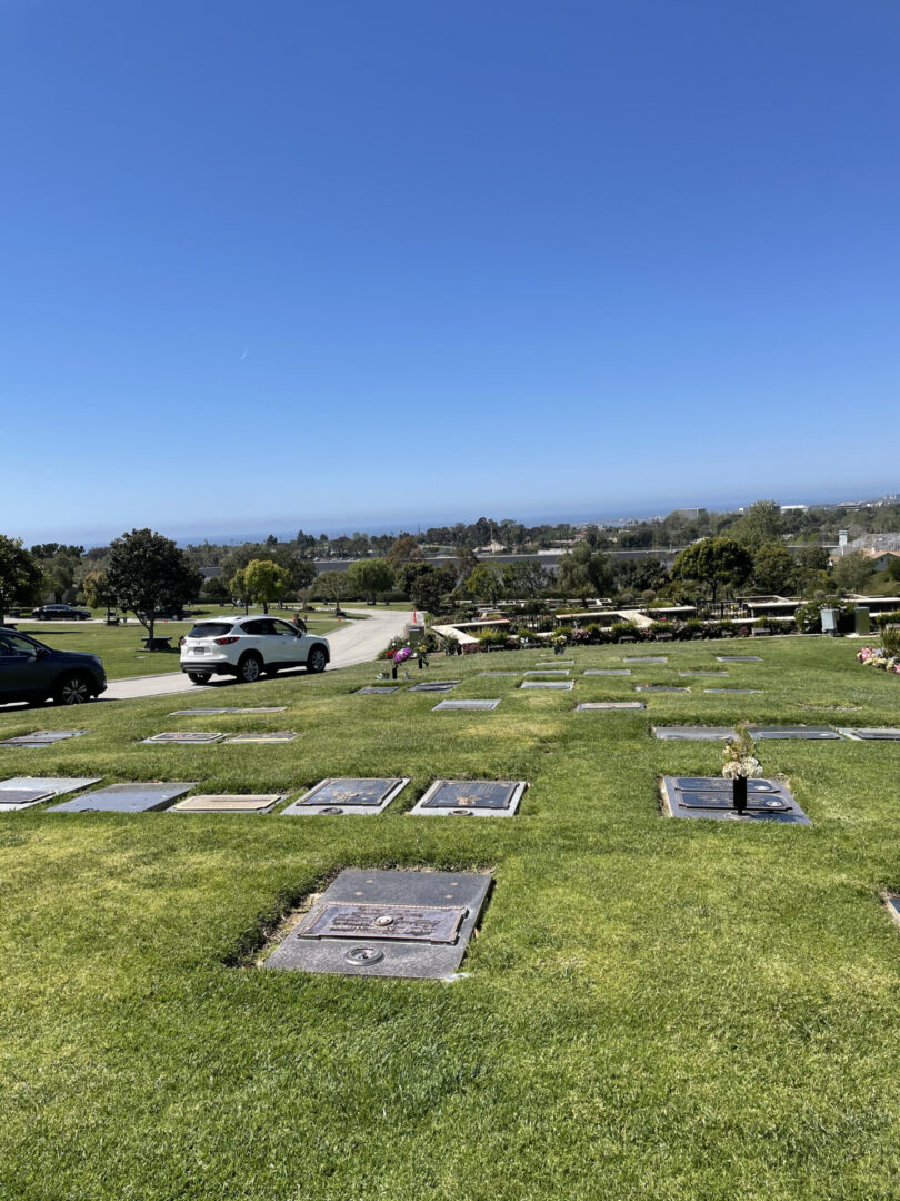 A cemetery with many graves in the middle of it